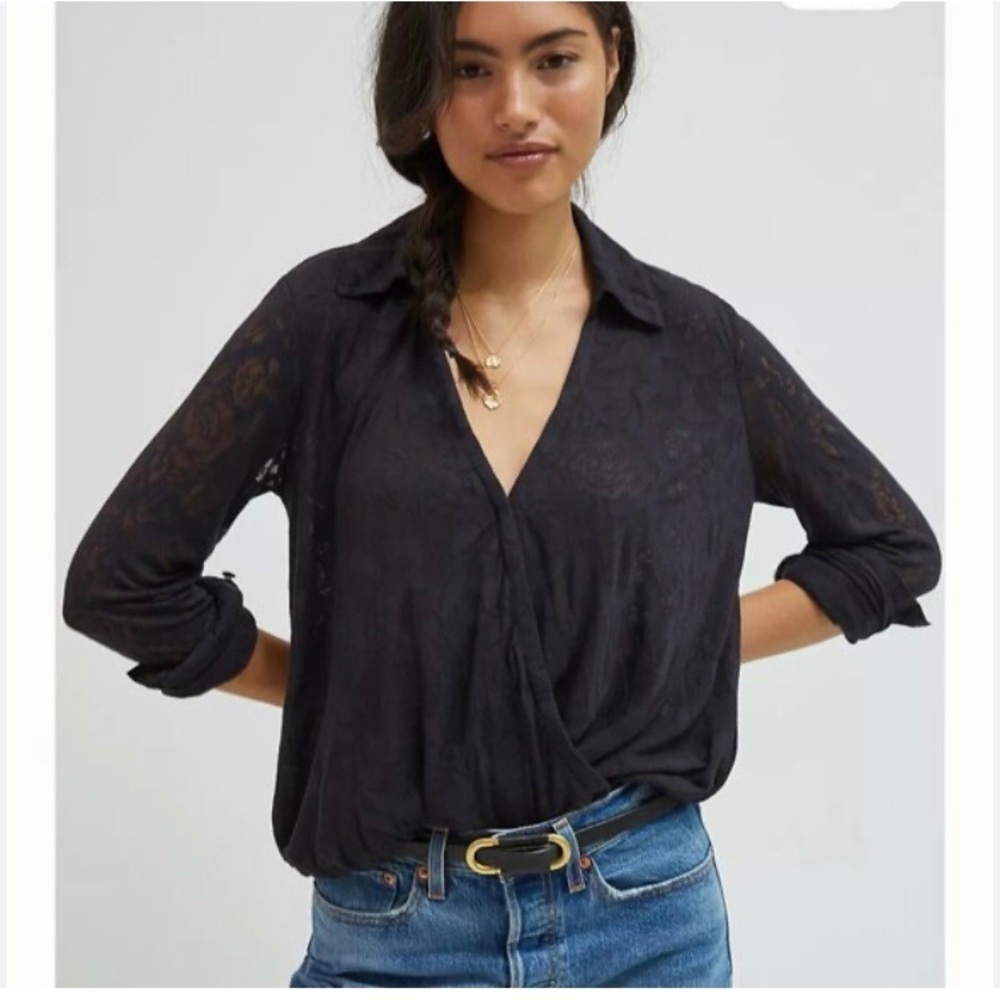 NWT Maeve Anthropologie Lydia Floral Burnout Top Sheer Long Sleeve Black XS
